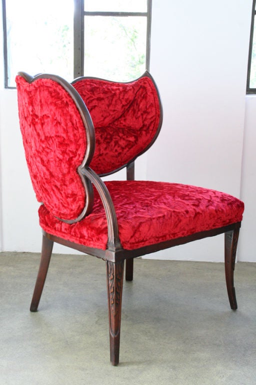 Wood Pair of French Art Deco Mahogany Velvet Leaf Back Boudoir Chairs For Sale