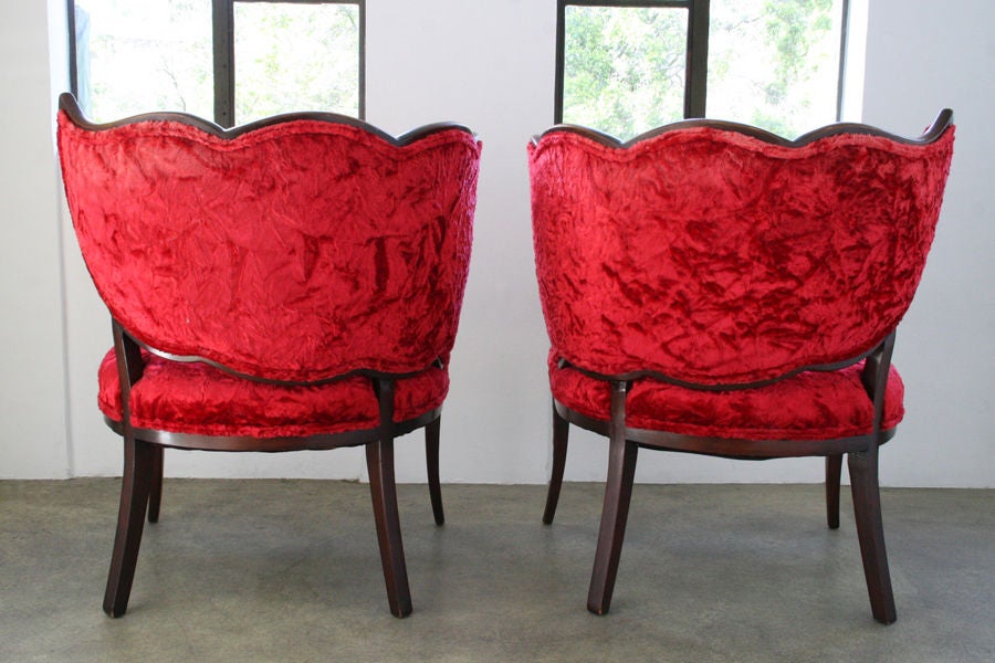 Mid-20th Century Pair of French Art Deco Mahogany Velvet Leaf Back Boudoir Chairs For Sale