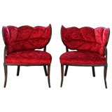 Pair of French Art Deco Mahogany Velvet Leaf Back Boudoir Chairs