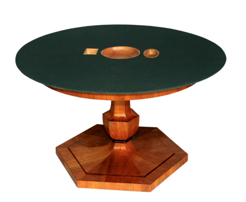 The design of this elegant Biedermeier table, which seats six comfortably, with its hexagonal baluster shaped base can be compared to the drawing for table no. 27 of the Danhauser workshop. To suit the collector's needs, this Dining table can be