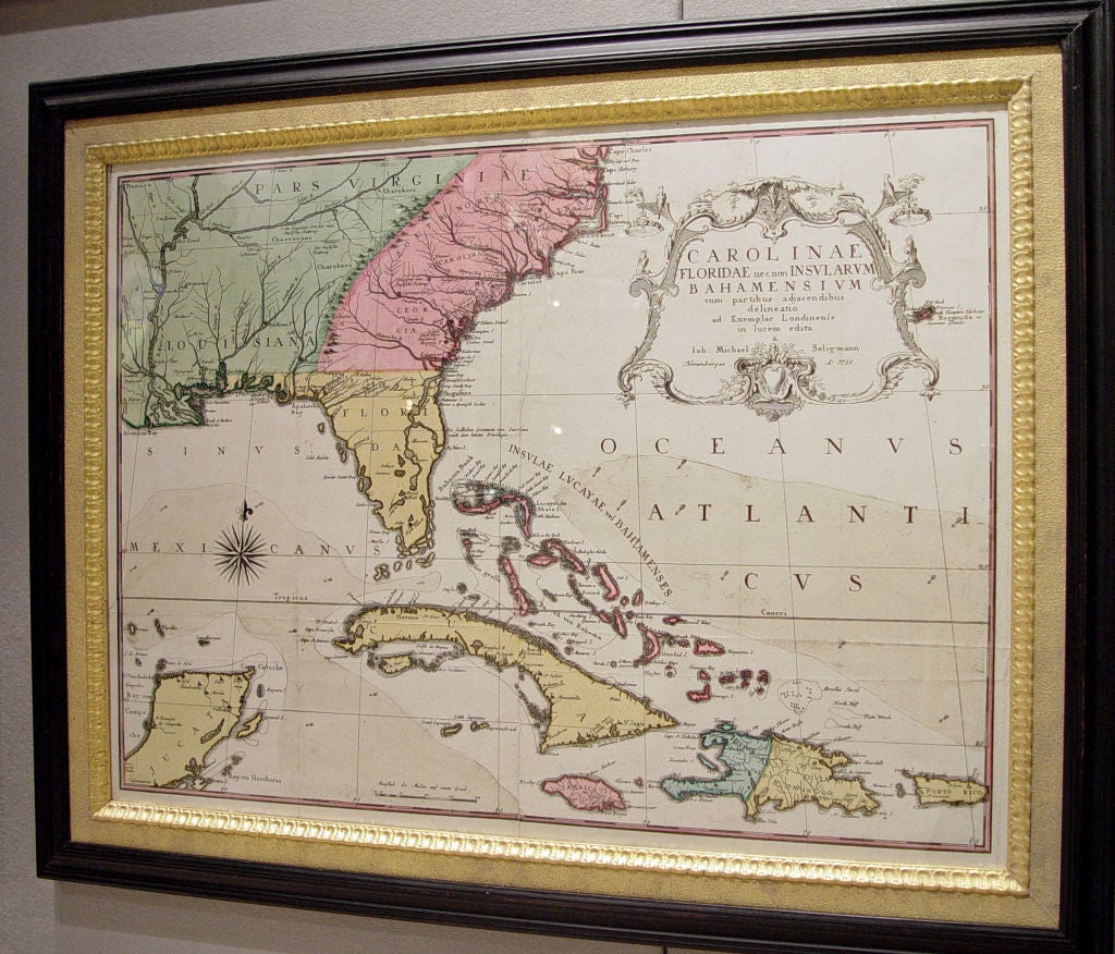An Early Map after Mark Catesby by Johann Michael Seligmann of  South Eastern North America including Florida and The Carolina's, <br />
Nuremberg: Seligmann, 1755. <br />
Copper-engraved map, with full original colour, <br />
<br />
A fine copy