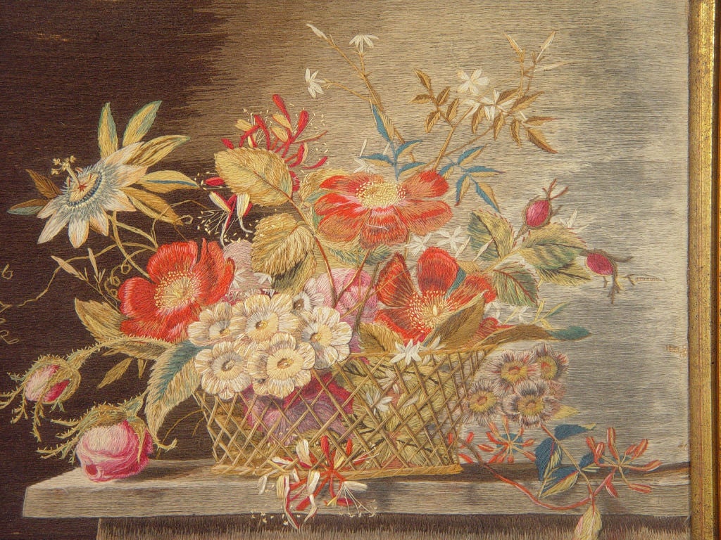 An English Woolwork Picture of A Basket of Flowers.