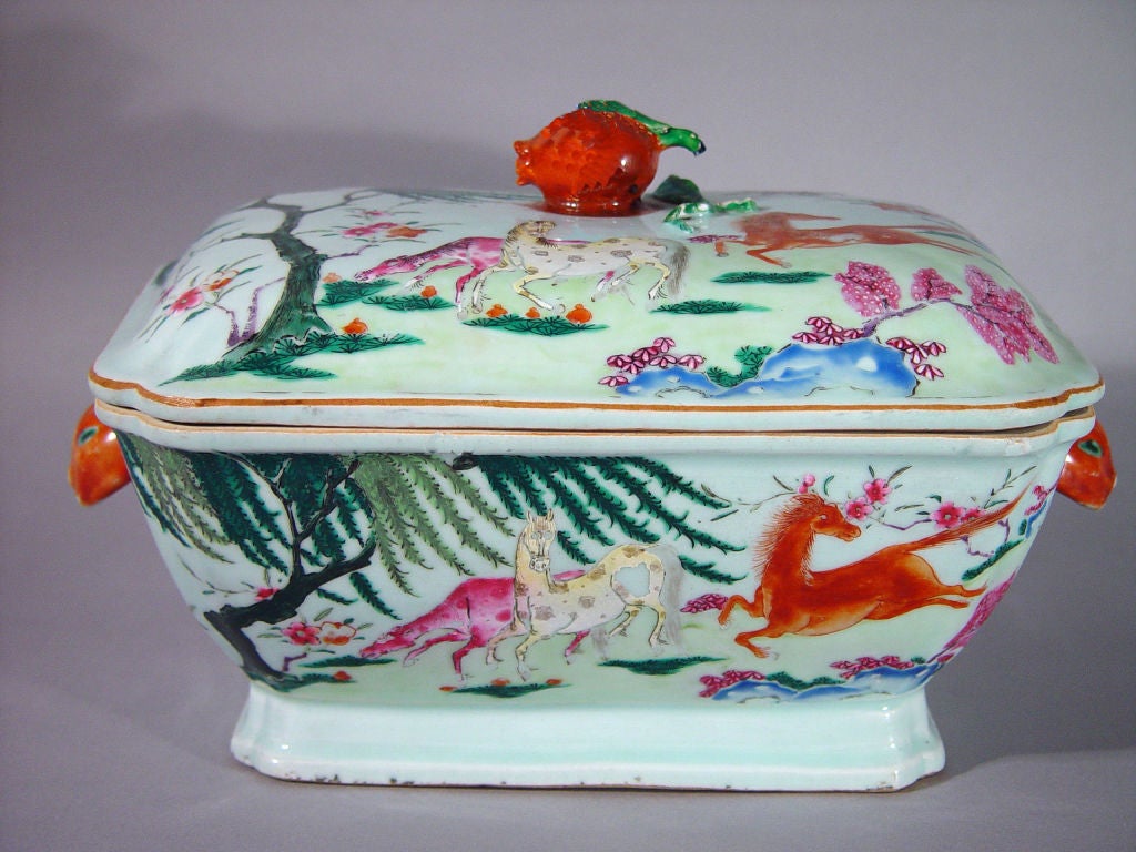 18th Century and Earlier A Chinese Export Horse-decorated  Soup Tureen, Cover & Stand