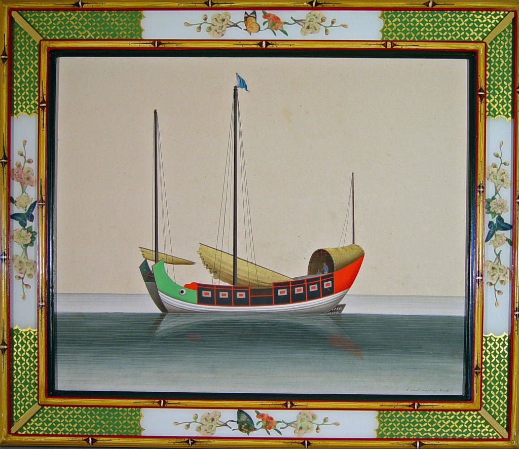 One from a Set of 12 Chinese Watercolors on Paper of Junks