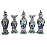 A Fine Dutch Delft Five Piece Garniture of Vases