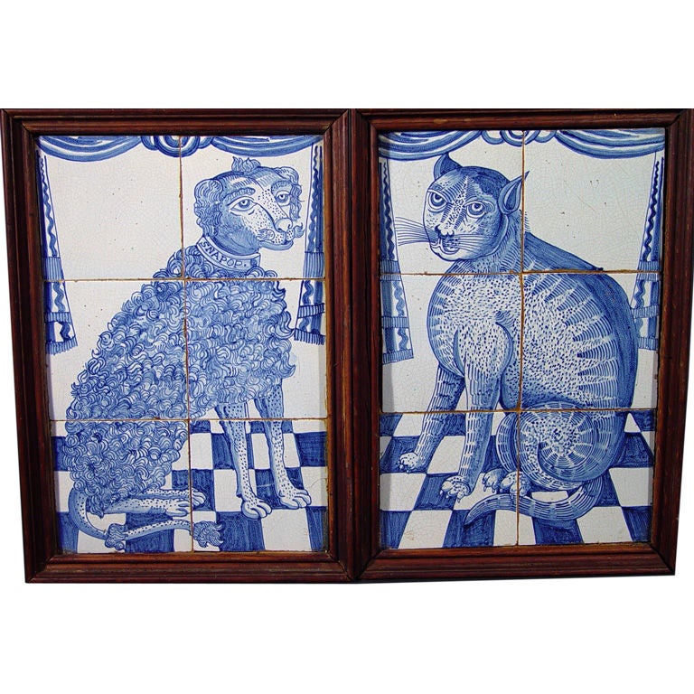 A Pair of Dutch Delft Tile Pictures of A Dog & Cat