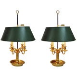 A Pair of Gilt Bronze Bouillotte Lamps with Green Tole Shades