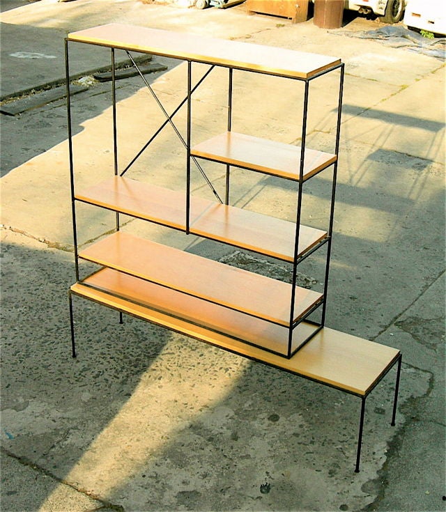 Rare 2 piece Shelving Unit by Paul McCobb.  Hard to find member of the more common Planner Group of 1949.<br />
See Vintage Furniture VI<br />
Top X unit: 48.5”ht 47”w 13”dp  <br />
Bench: 16”dp 63”w 16.5”ht<br />
65”ht 63”w 16”dp Overall