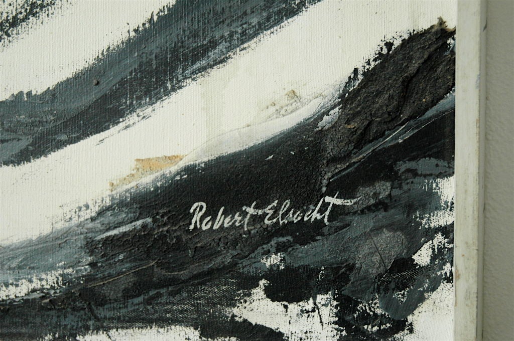 Large black & white abstract painting with blue overtones.<br />
Artist signed and titled, “Driftwood,” Polyester, n.d. Robert Elsocht (1908-1999) Belgian painter settled in Northern California.  Known for California landscapes, he eventually