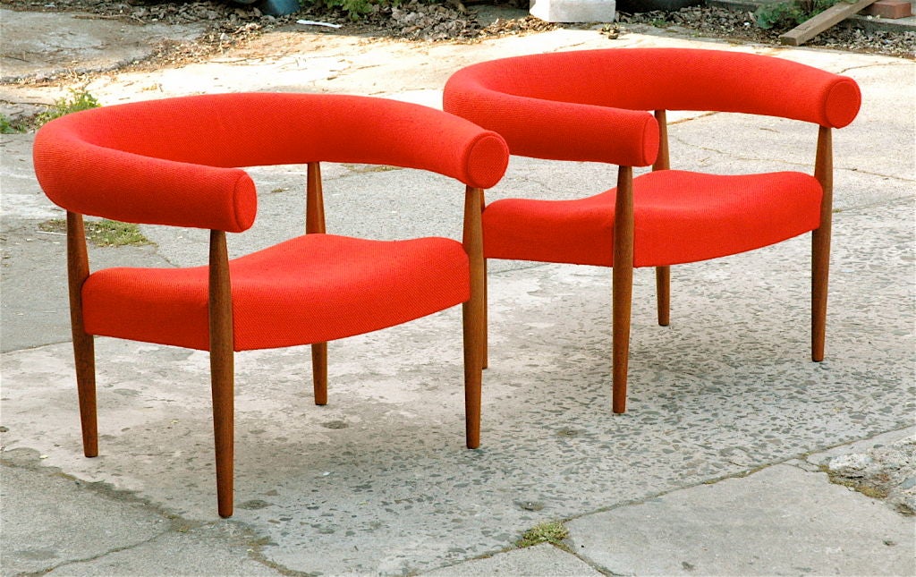 Rare and whimsical Nanna and Jorgen Ditzel Design sits very comfortably.  Unusual structure with legs ingeniously supporting both seat and back imparts the sensation of floating in a pool whilst perched atop a Danish throne.<br />
A cantilevered