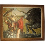 Mid Century Oil Painting of Bull Fight