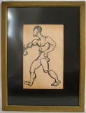 Mid Century Boxing Male Nude in Sumi Ink