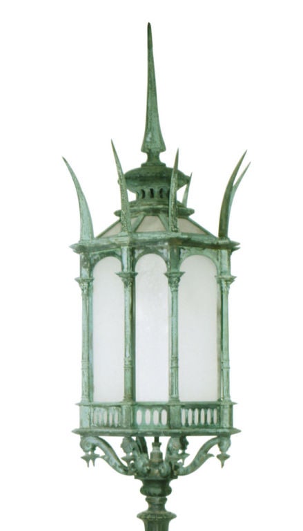 This pair of Gothic post lights display their original green patina. Made of cast brass in the Gothic style.