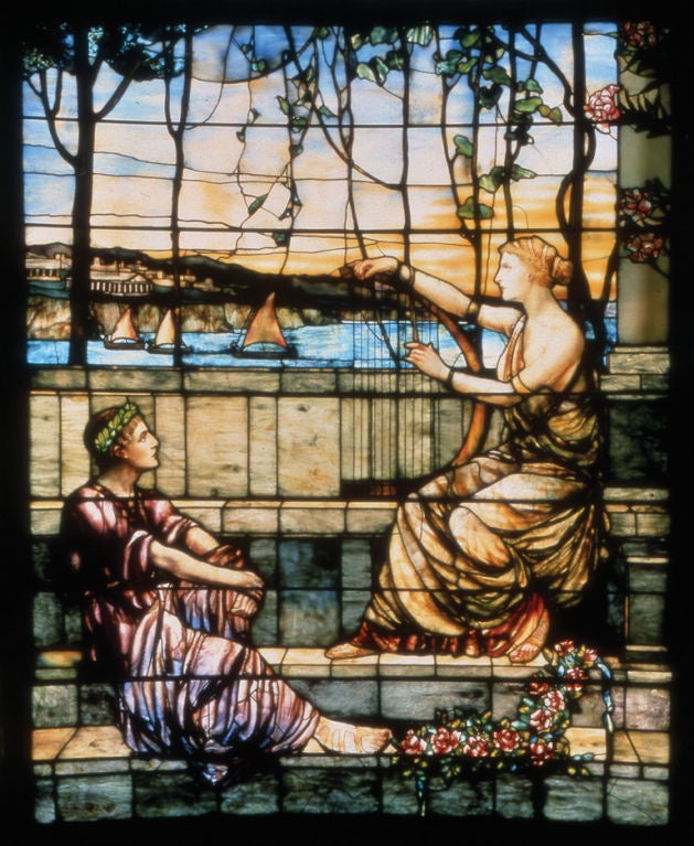 'Twilight', a leaded and plated glass window designed by<br />
Tiffany Glass & Decorating Company, 1897. Overall size,<br />
excluding frame: 134 1/4