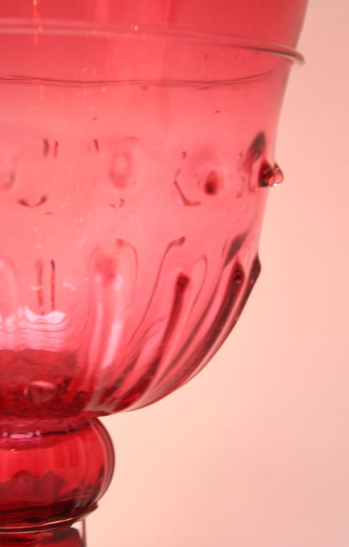 Watermelon Pink Venetian Glass Vase with Raised Decorative Trim.