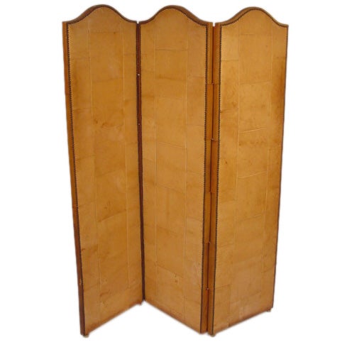 Three Panel Leather Folding Screen For Sale