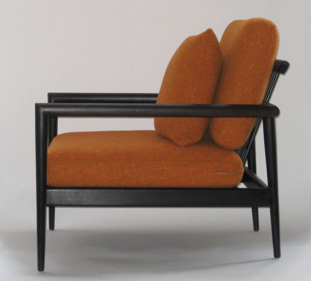 Paul McCobb Predictor Linear lounge chairs manufactured in 1958 for the O'Hearn Furniture Company of Gardner, MA. Made of walnut wood and ebonized (not lacquered). The chairs have been reupholstered with two sets of cushions. One set in new Maharam