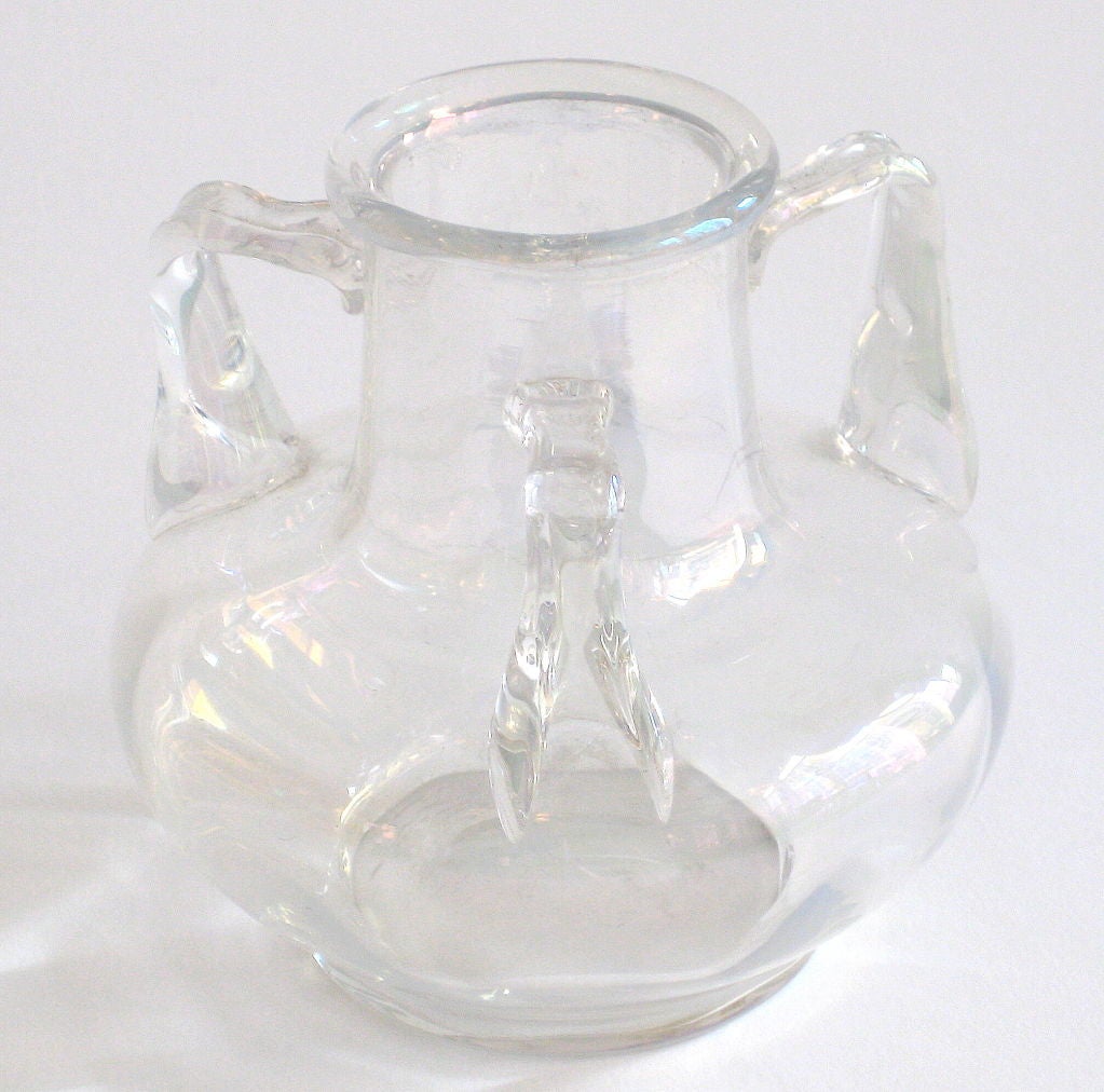 Marie Kirschner three handled iridescent clear glass vase made by Loetz.