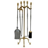 Old Brass & Iron Fireplace Tools & Stand