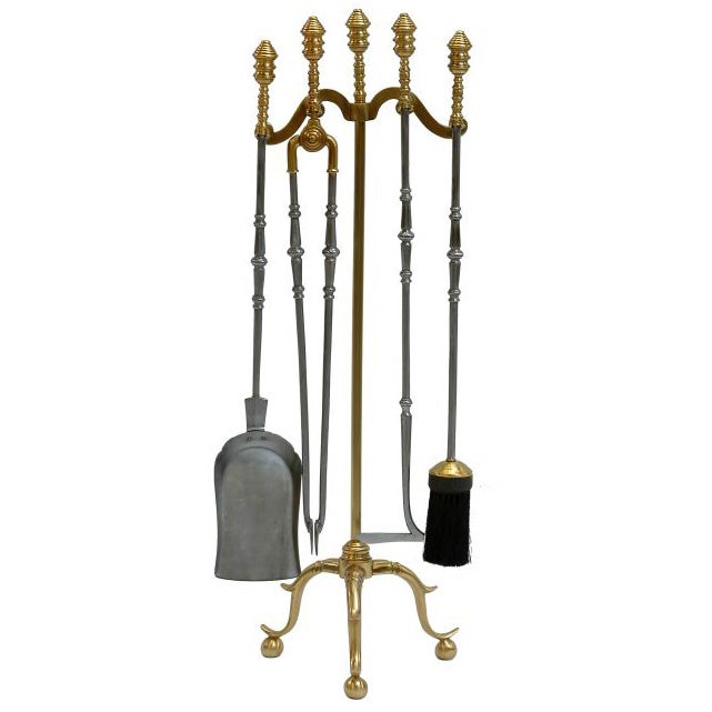 Old Brass & Iron Fireplace Tools & Stand For Sale