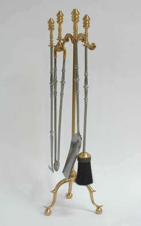 Old Brass & Iron Fireplace Tools & Stand For Sale 2