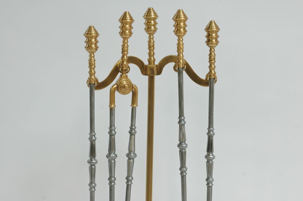 American Old Brass & Iron Fireplace Tools & Stand For Sale