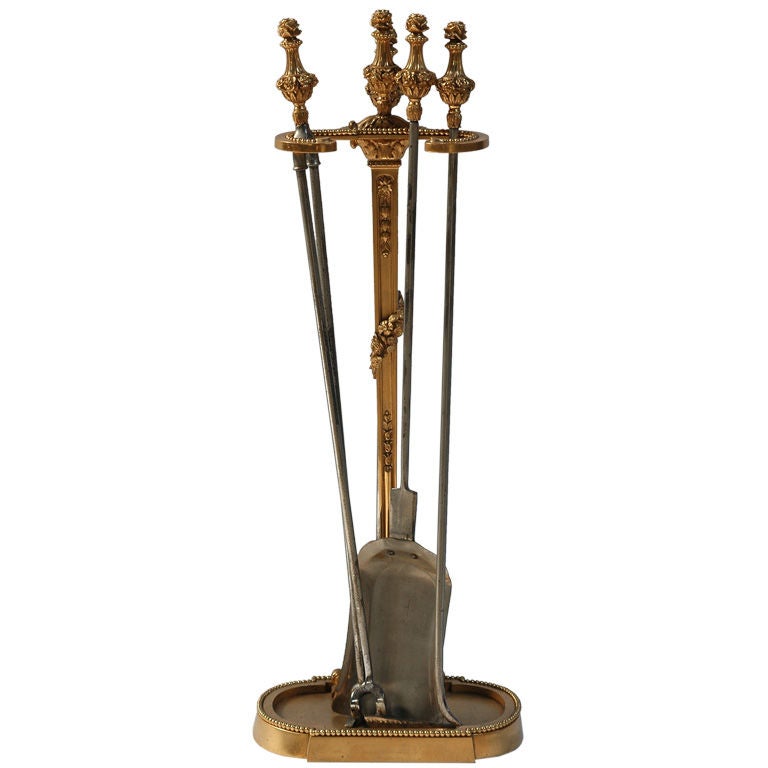 Antique Gilded Fireplace tools & stand For Sale