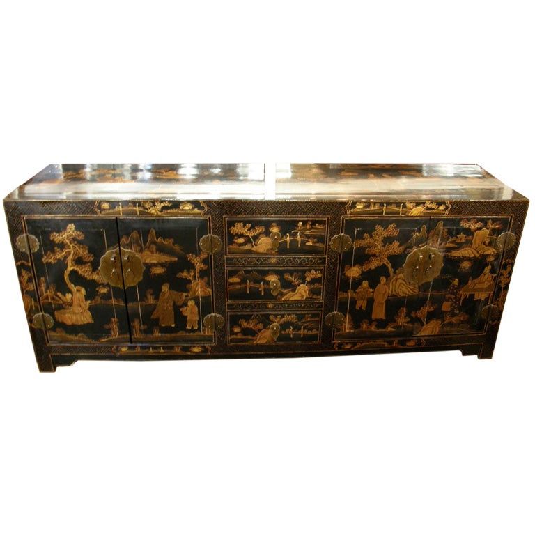 Antique Chinese lacquer Chinoiserie Kang console cabinet server