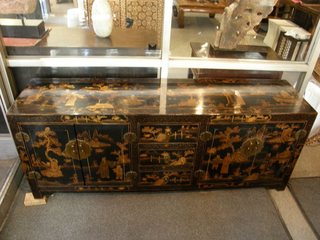Antique Chinese lacquer Chinoiserie Kang console cabinet server