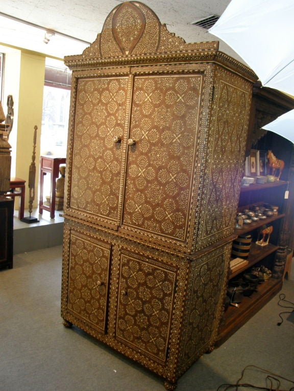 Antique colonial Anglo English inlaid linen press cabinet