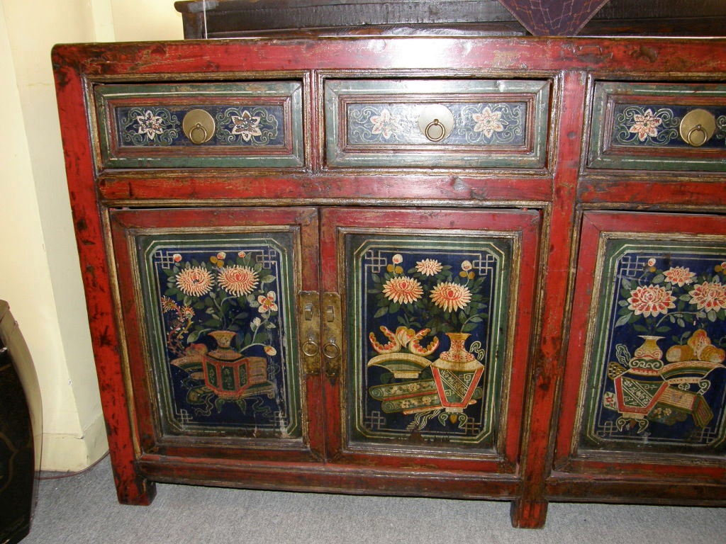 Antique Chinese Gansu Province sideboard or altar coffer with its original painted and decorated surface ca 1880-90
