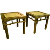 Pr Chinese 19th century woven bamboo top side end tables stools