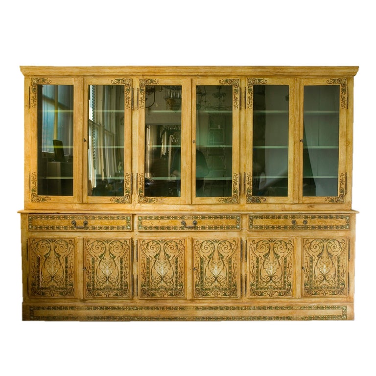 Neoclassical style painted deux corp bibliotheque cabinet