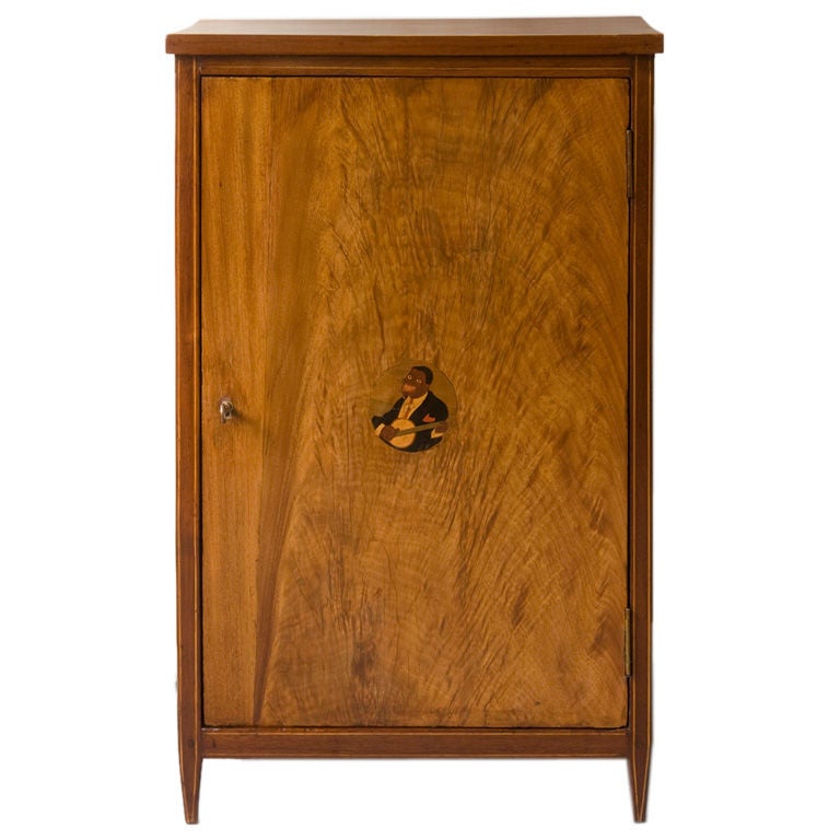 Walnut Single Door Low Cabinet with a Smiling Banjo Player For Sale