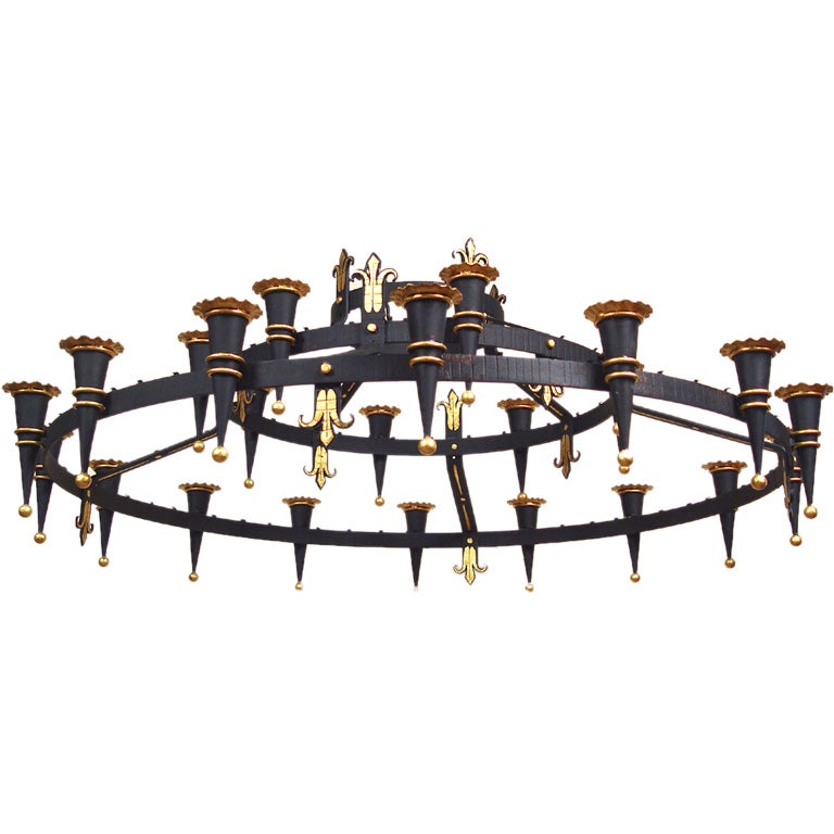 Very Large Round Iron Neo-Gothic Chandelier For Sale