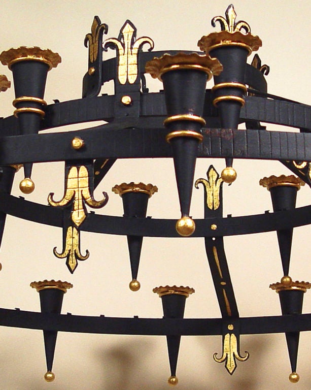 French Very Large Round Iron Neo-Gothic Chandelier For Sale