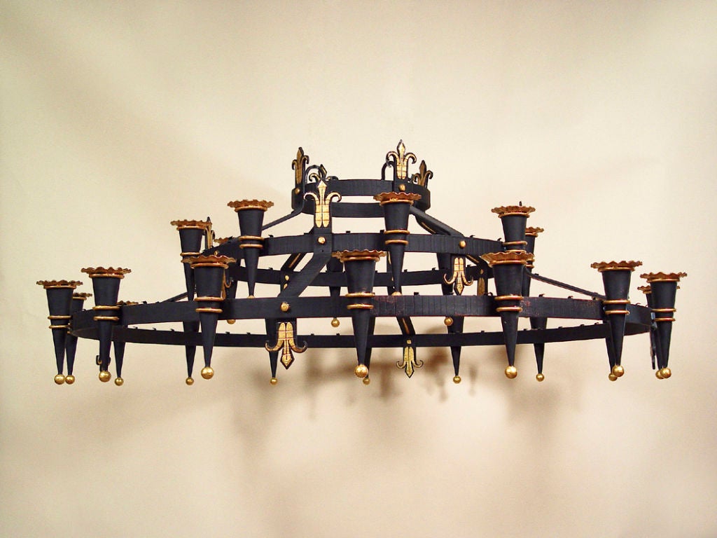 Painted Very Large Round Iron Neo-Gothic Chandelier For Sale
