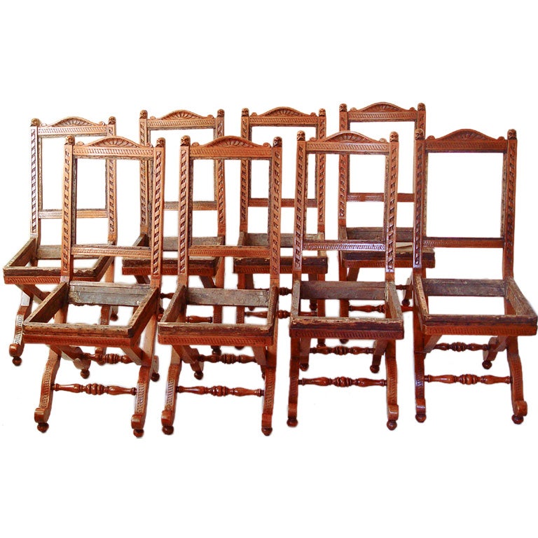 Unusual Set of Eight Carved Walnut Side Chairs, 19th Century For Sale