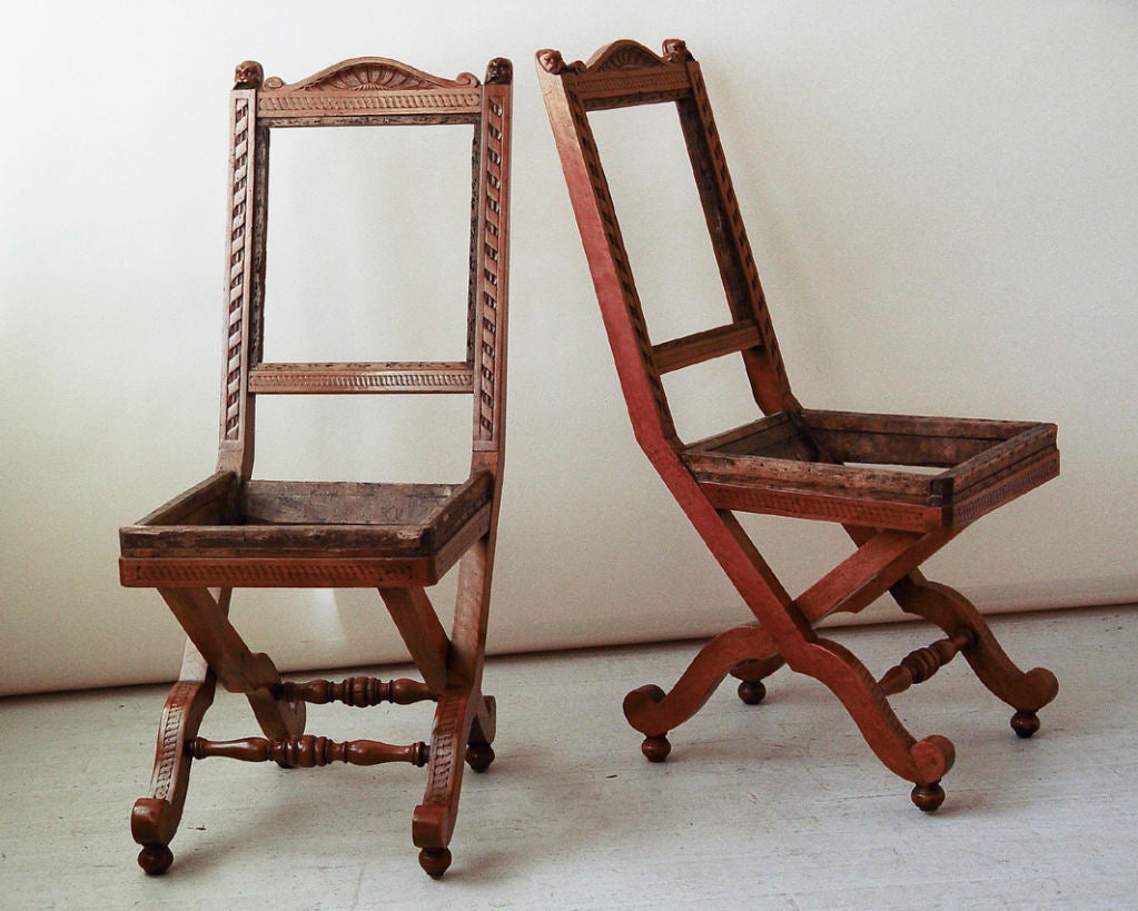 French Unusual Set of Eight Carved Walnut Side Chairs, 19th Century For Sale