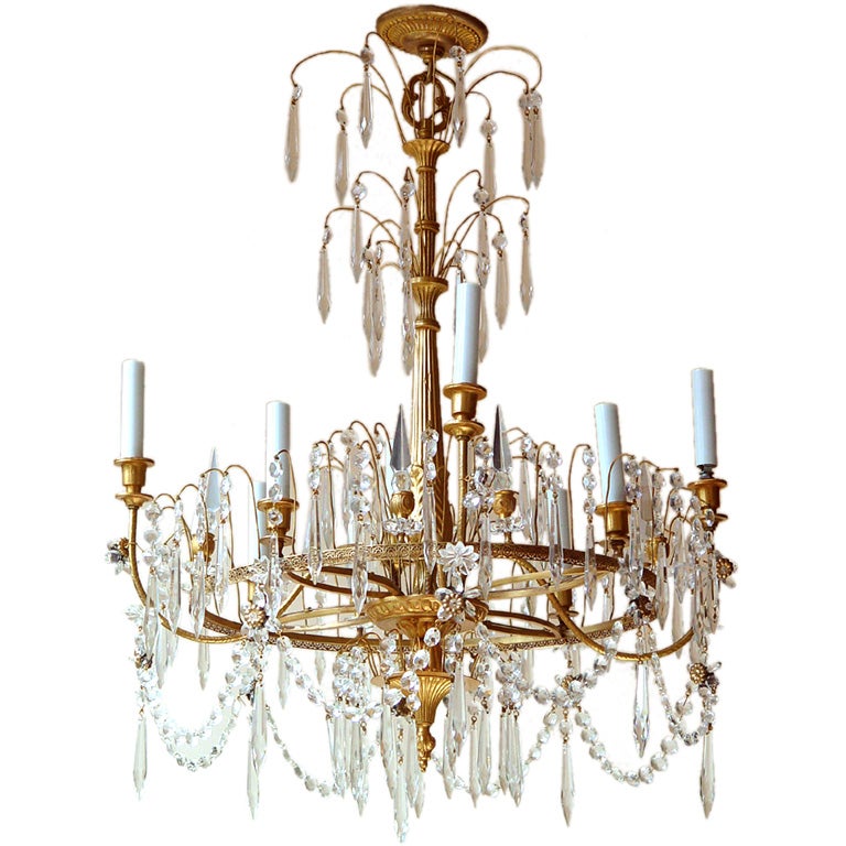 Neoclassical or Liberty Style Gilt Metal Eight-Arm Chandelier For Sale