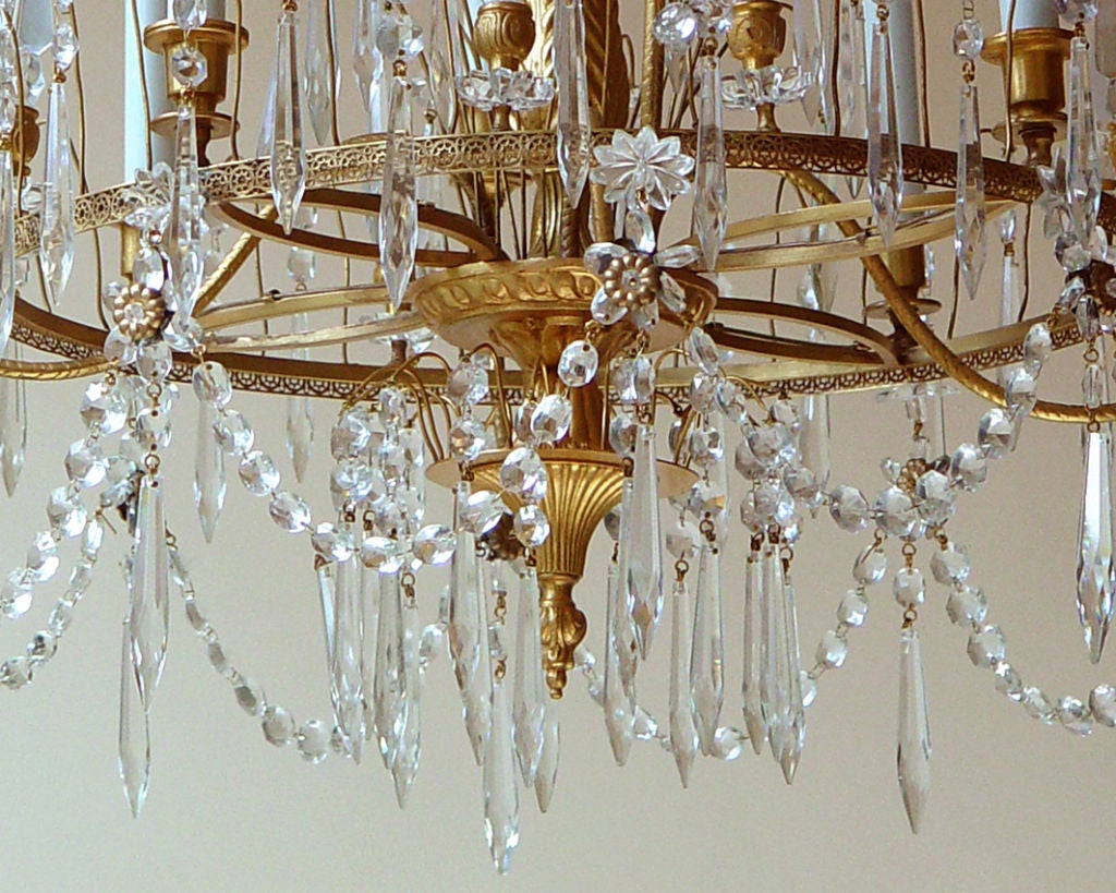 Crystal Neoclassical or Liberty Style Gilt Metal Eight-Arm Chandelier For Sale
