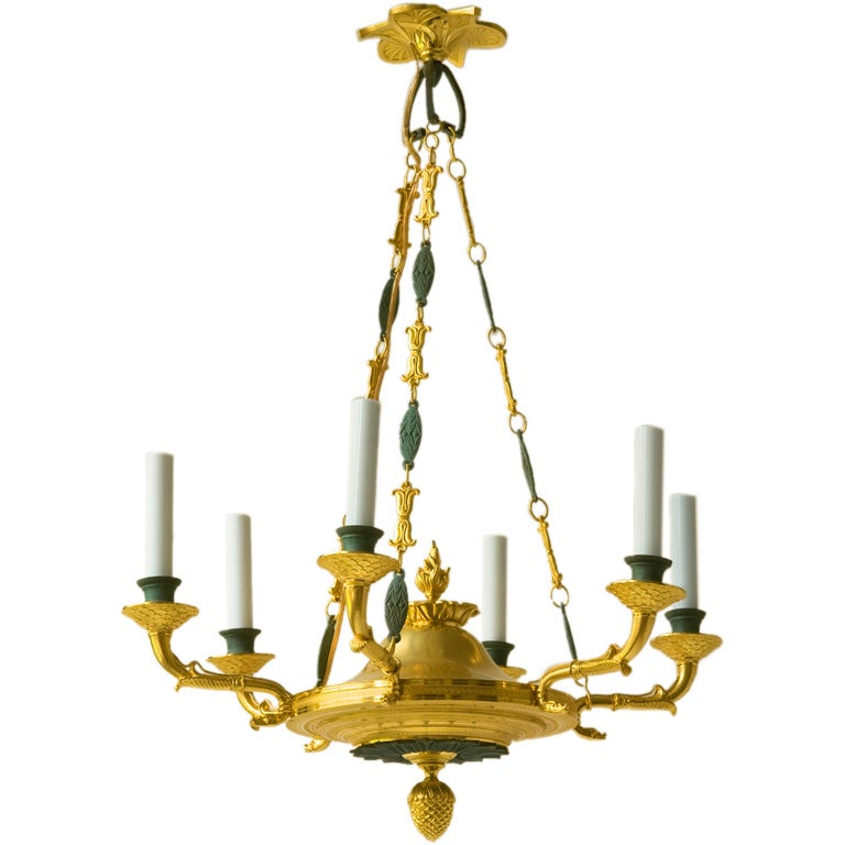 Empire Style Chandelier, Gilt and Green Patinated Bronze For Sale