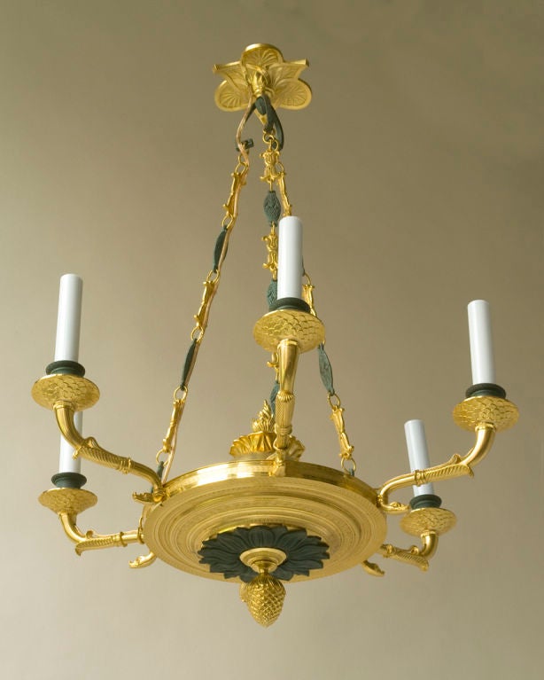 French Empire Style Chandelier, Gilt and Green Patinated Bronze For Sale