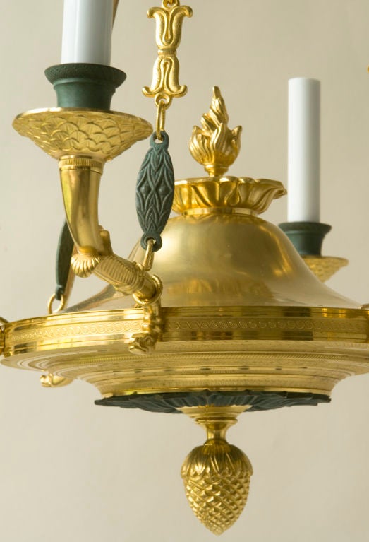 20th Century Empire Style Chandelier, Gilt and Green Patinated Bronze For Sale