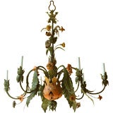 Floral green painted tole 6 arm chandelier, with painted flowers