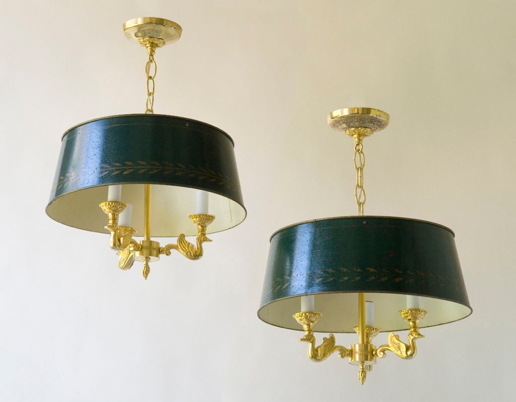 A pair of gilt  bronze Empire style 3 light hanging fixtures