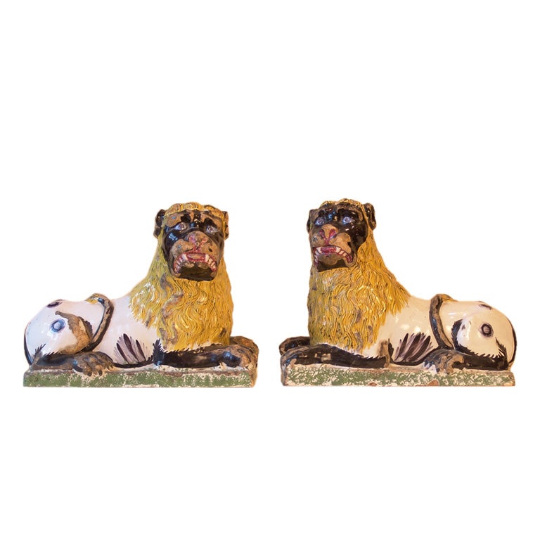 A Pair Of Luneville Faience Lions