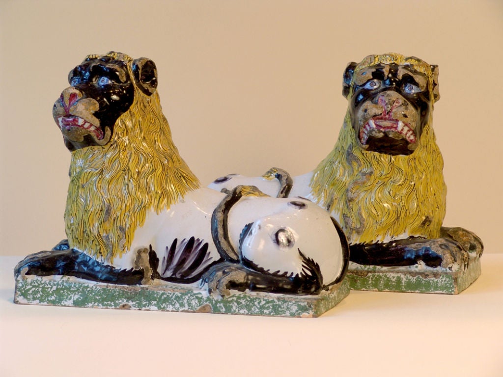 French A Pair Of Luneville Faience Lions