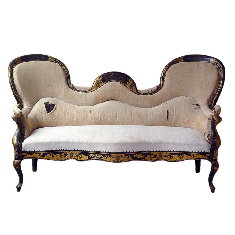 A Napoleon III black painted settee with gilt and polychrome decoration with inlaid mother of pearl decoration, French c.1870, as is Length- 68 ½