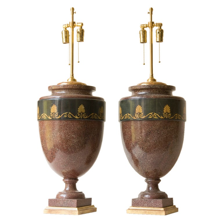 A pair of faux porphyry lamps For Sale